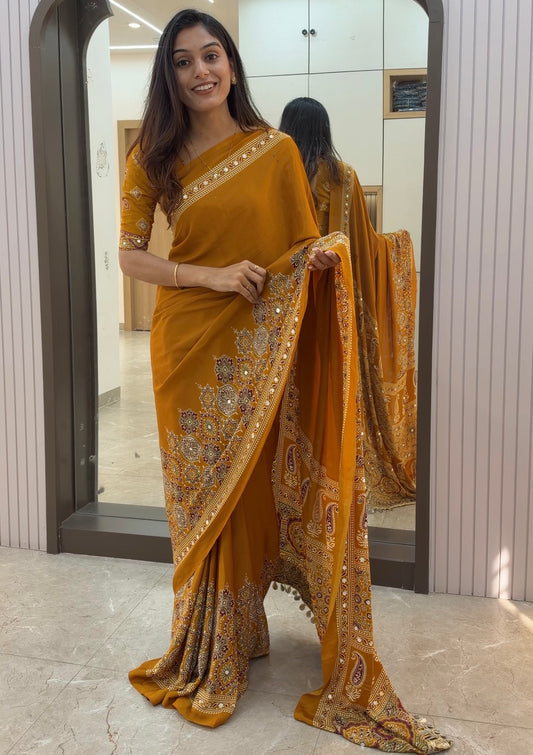 MW04 Ajarakh Print Mirror Work Modal Silk Saree!