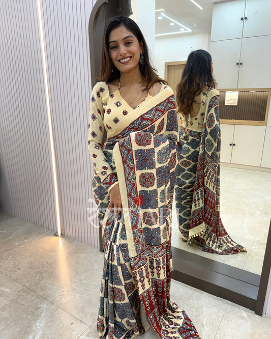 AM001 Ajarkh Print Modal Silk Saree!