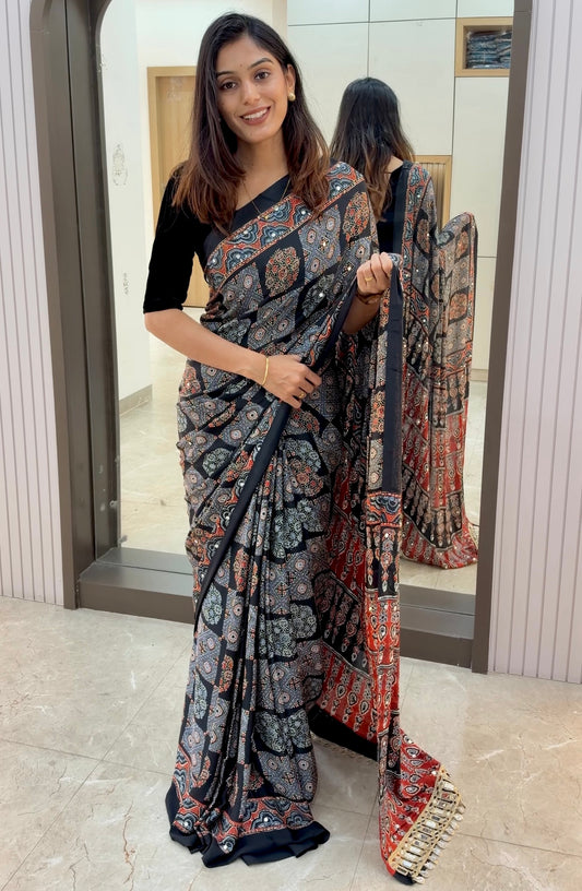 MW009 Mirror Work Ajarakh Print Saree